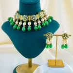 Royal Green Meena Kundan Polki Choker Necklace Set (Yellow Gold) NEC001577