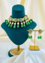 Royal Green Meena Kundan Polki Choker Necklace Set (Yellow Gold) NEC001577