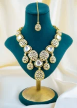 Royal Kundan Polki Necklace Set with Maang Tikka (Yellow Gold) NEC001576 - Image 2