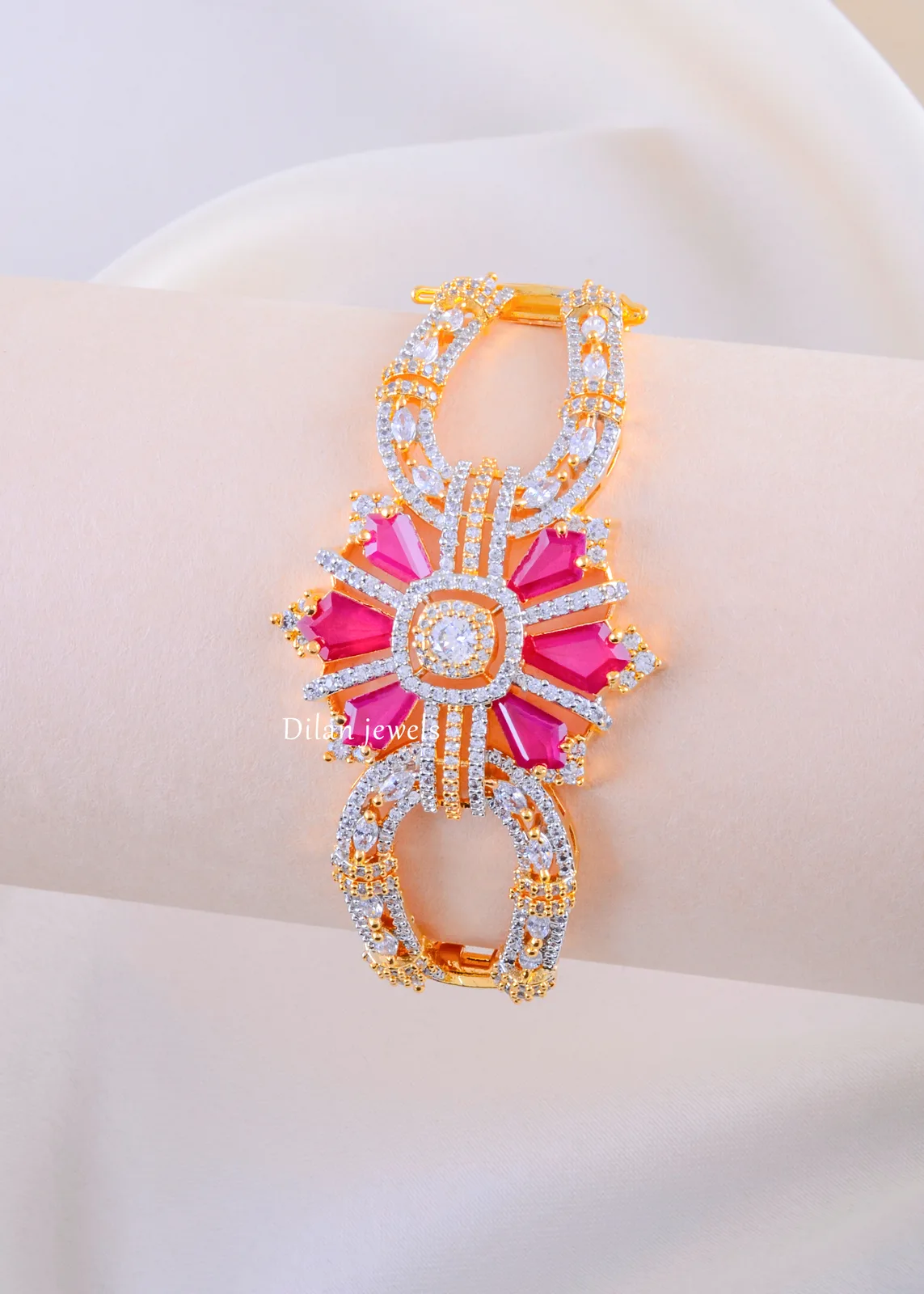Royal-Pink-Floral-Bracelet-Yellow-Gold-BRA002397a Royal Pink Floral Bracelet (Yellow Gold) BRA002397 - Image 1