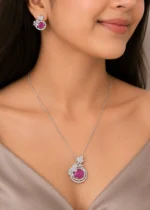 Royal Pink Sparkle pendant set (Silver) PSET02646 - Image 4