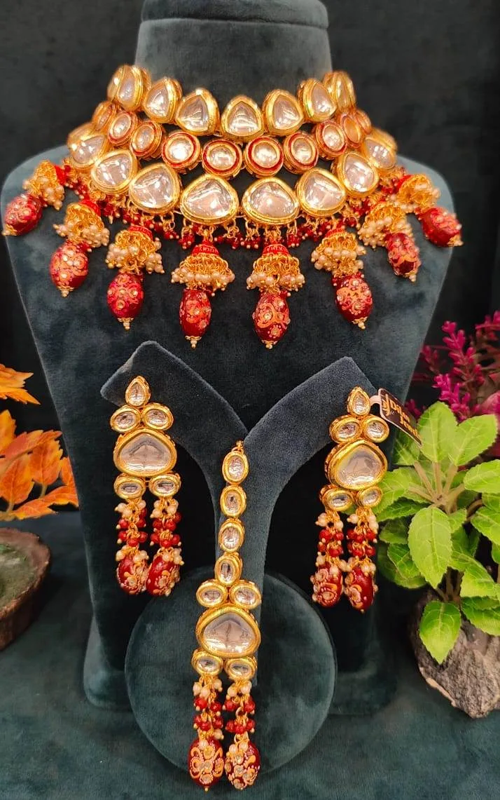 Ruby-Kundan-Jhumki-Necklace-Set-NEC12012303a Ruby Kundan Jhumki Necklace Set- NEC12012303 - Image 1