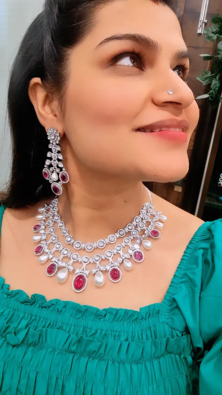 Ruby-Pearl-Necklace-Set-White-Gold-NEC08122205a Ruby Pearl Necklace Set (White- Gold)- NEC08122205 - Image 1