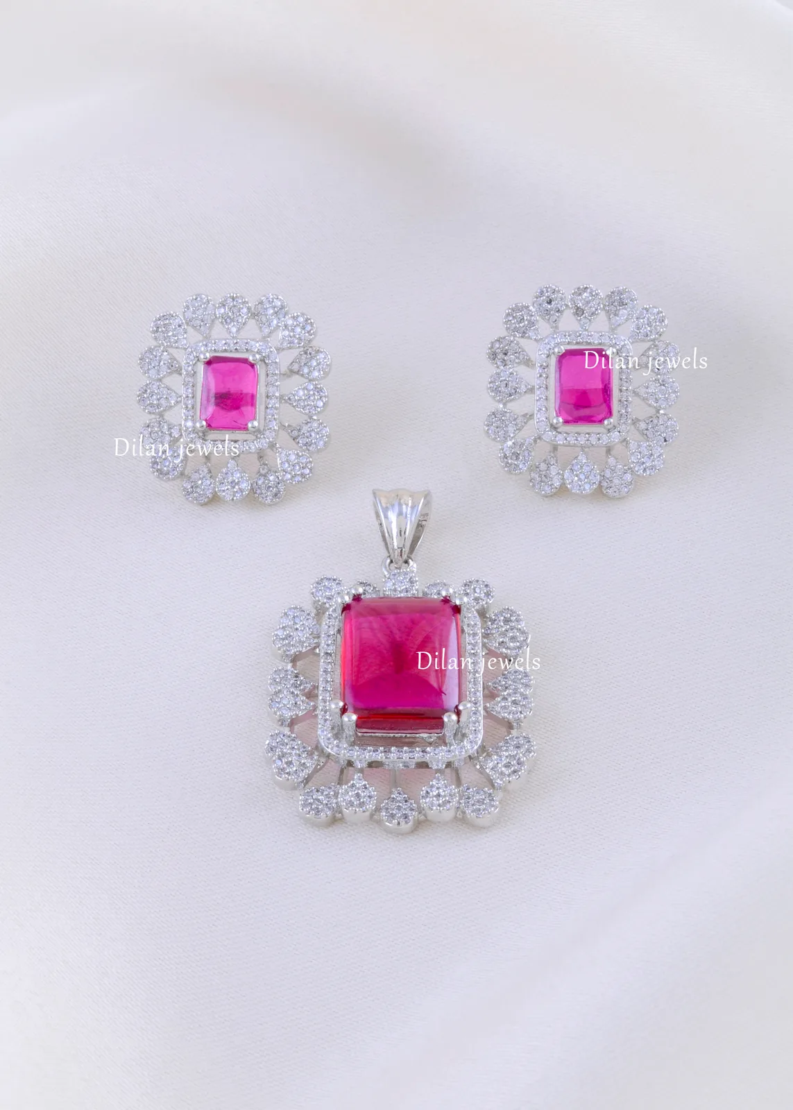 Ruby-Pink-American-Diamond-Pendant-Set-Silver-PSET02380a Ruby Pink American Diamond Pendant Set (Silver) PSET02380 - Image 1