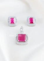 Ruby Silver Plated Diamond Pendant Set- PSET02742