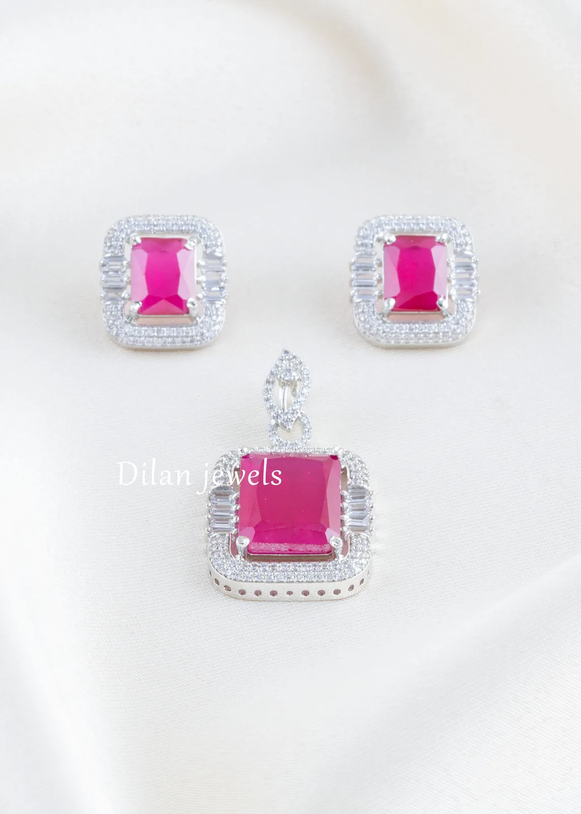 Ruby-Silver-Plated-Diamond-Pendant-Set-PSET02742 Ruby Silver Plated Diamond Pendant Set- PSET02742 - Image 1