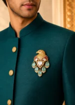 Sea Green Antique Gold Plated Kundan Brooch- BRO002771 - Image 4