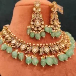 Sea-Green Mayur Polki Necklace Set (Yellow-Gold)- NEC000008