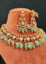 Sea-Green Mayur Polki Necklace Set (Yellow-Gold)- NEC000008