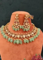 Sea-Green Mayur Polki Necklace Set (Yellow-Gold)- NEC000008 - Image 2