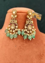 Sea-Green Mayur Polki Necklace Set (Yellow-Gold)- NEC000008 - Image 3