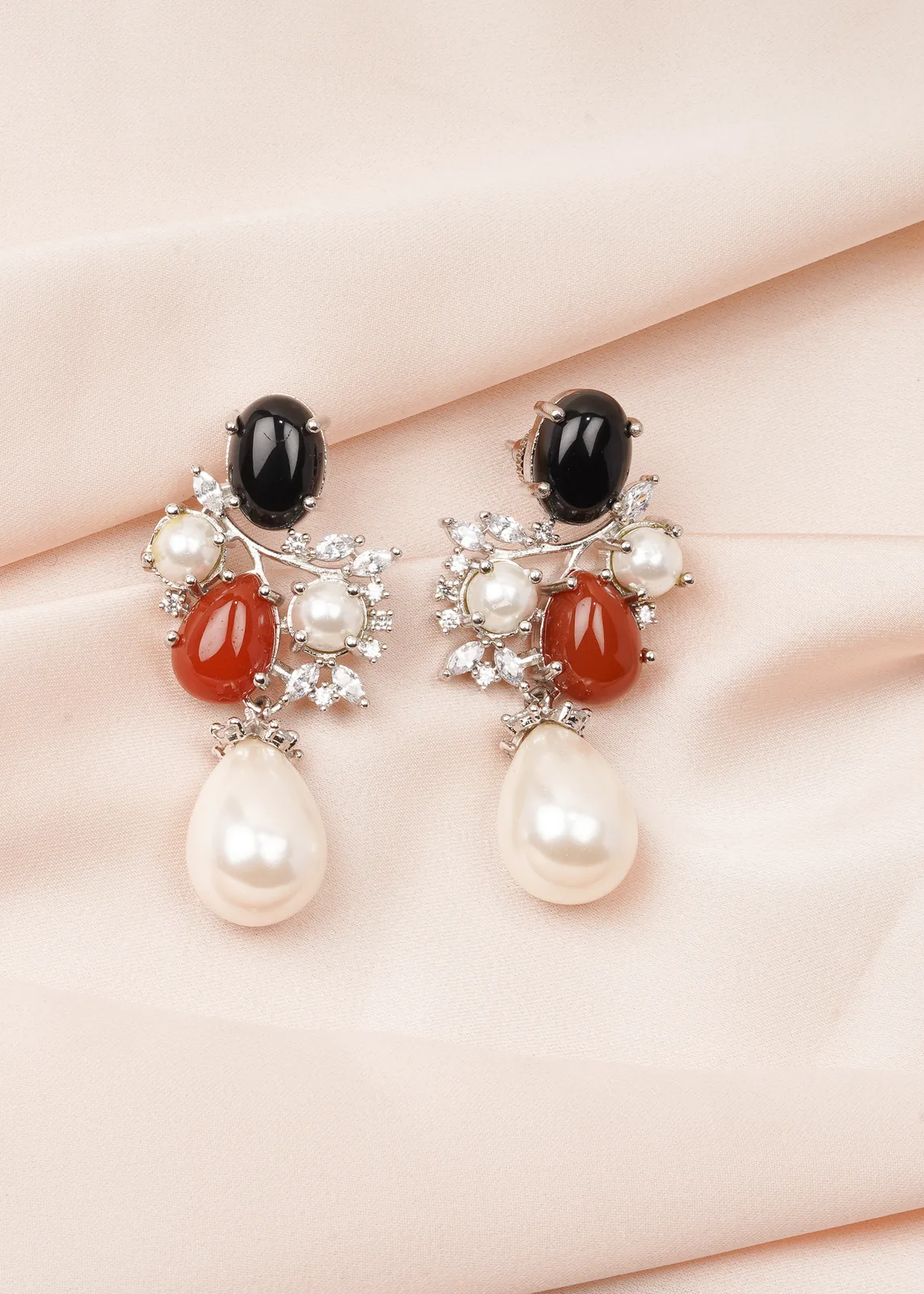 Semi-Precious-Stone-Pearl-Drop-Earrings-Silver-EAR000768a Semi Precious Stone Pearl Drop Earrings (Silver) EAR000768 - Image 1