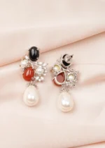 Semi Precious Stone Pearl Drop Earrings (Silver) EAR000768 - Image 2