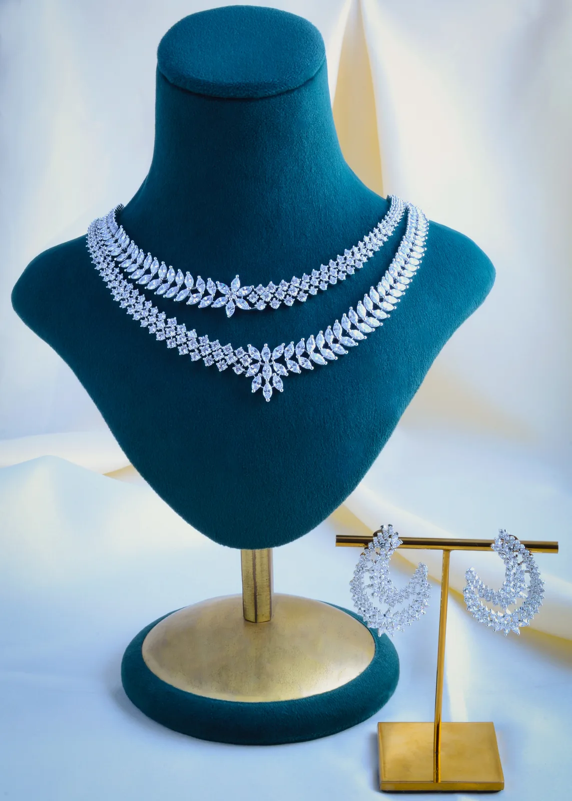 Statement-Double-Layered-Necklace-Set-Silver-NEC000900a Statement Double Layered Necklace Set (Silver) NEC000900 - Image 1