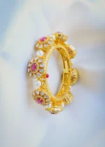 Uncut Polki & Pearl Openable Pacheli Bangle (Yellow Gold) BRA001060 - Image 2