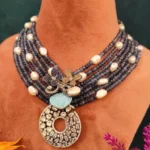 Victorian Blue Saphire Beads & Pearls Necklace Set (Black Rhodium)- NEC27012304