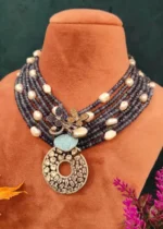 Victorian Blue Saphire Beads & Pearls Necklace Set (Black Rhodium)- NEC27012304