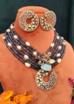 Victorian Blue Saphire Beads & Pearls Necklace Set (Black Rhodium)- NEC27012304 - Image 3