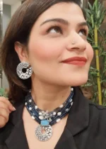 Victorian Blue Saphire Beads & Pearls Necklace Set (Black Rhodium)- NEC27012304 - Image 4