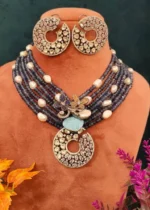Victorian Blue Saphire Beads & Pearls Necklace Set (Black Rhodium)- NEC27012304 - Image 5
