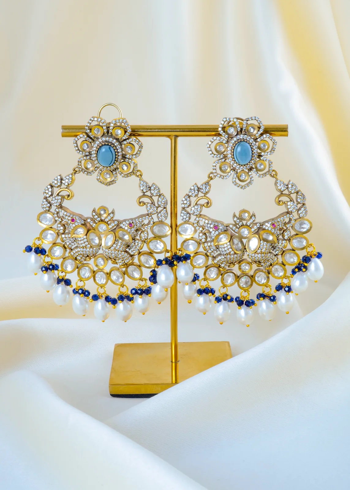 Victorian-Pearl-Blue-Sapphire-Kundan-Polki-Chandbali-Earrings-Victorian-Finish-EAR001552a Victorian Pearl Blue Sapphire Kundan Polki Chandbali Earrings (Victorian Finish) EAR001552 - Image 1