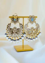 Victorian Pearl Blue Sapphire Kundan Polki Chandbali Earrings (Victorian Finish) EAR001552 - Image 3