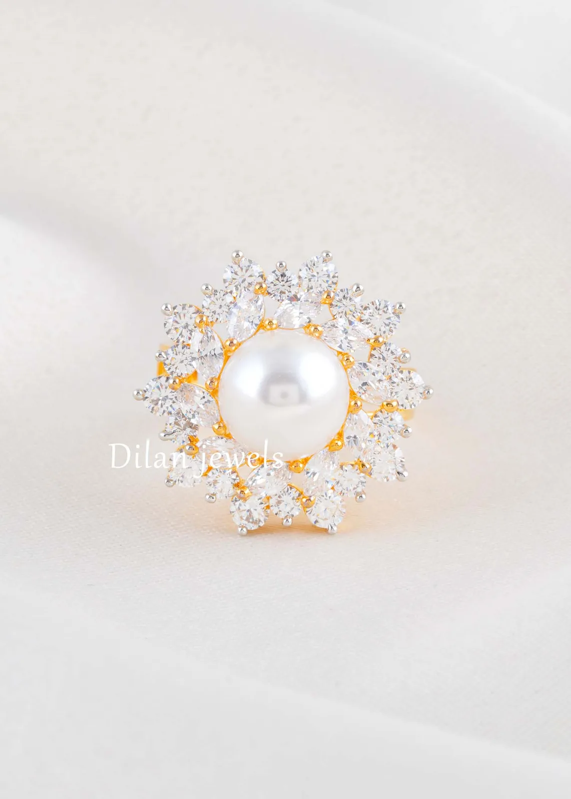 White-Gold-Plated-Diamond-Pearls-Ring-RING02765 White Gold Plated Diamond, Pearls Ring- RING02765 - Image 1
