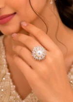 White Gold Plated Diamond, Pearls Ring- RING02765 - Image 4