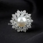 White Silver Plated Diamond, Pearls Ring- RING02739