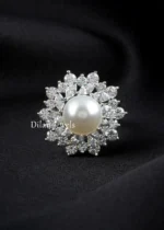 White Silver Plated Diamond, Pearls Ring- RING02739