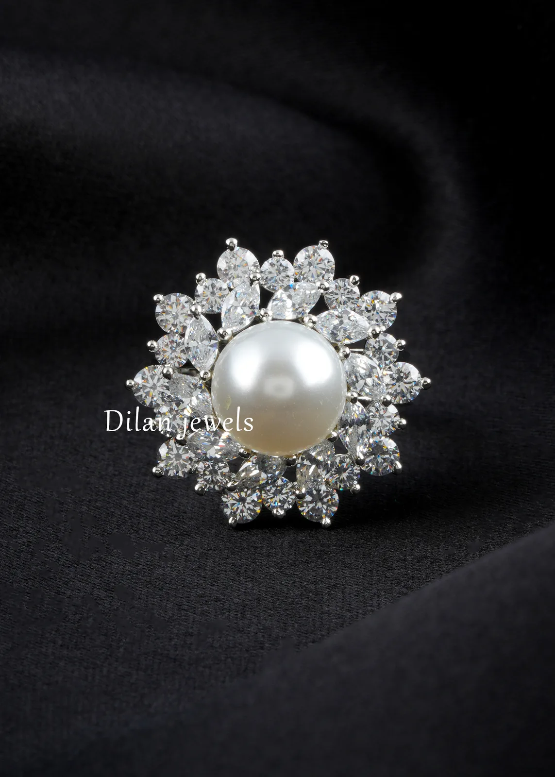White-Silver-Plated-Diamond-Pearls-Ring-RING02739 White Silver Plated Diamond, Pearls Ring- RING02739 - Image 1