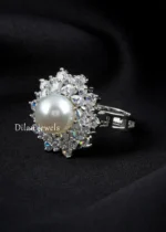 White Silver Plated Diamond, Pearls Ring- RING02739 - Image 2