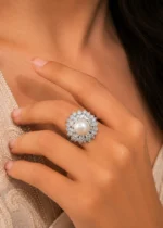 White Silver Plated Diamond, Pearls Ring- RING02739 - Image 4