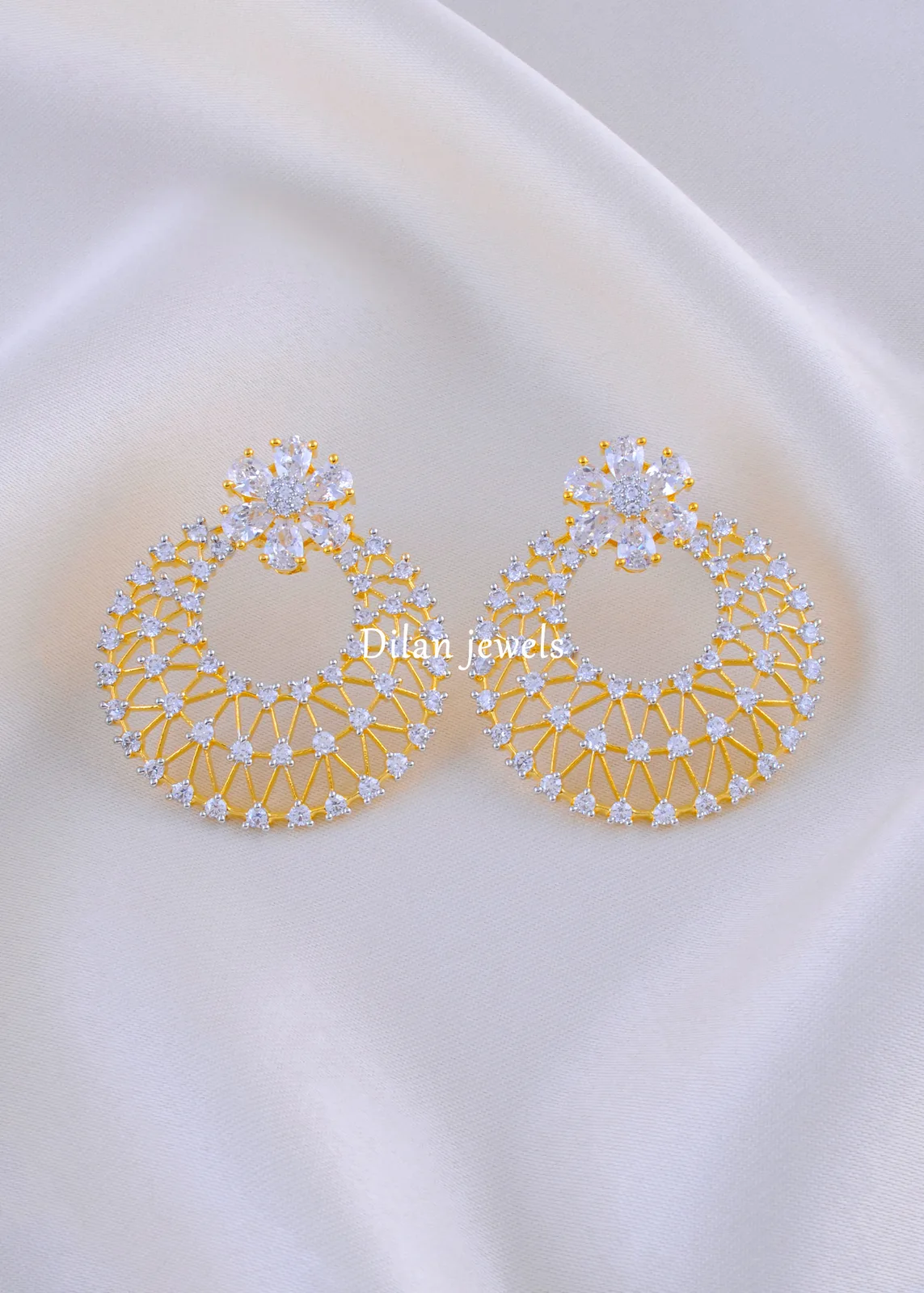 Zirconia-Flower-Web-Hoops-Yellow-Gold-EAR002166a Zirconia Flower Web Hoops ( Yellow Gold) EAR002166 - Image 1
